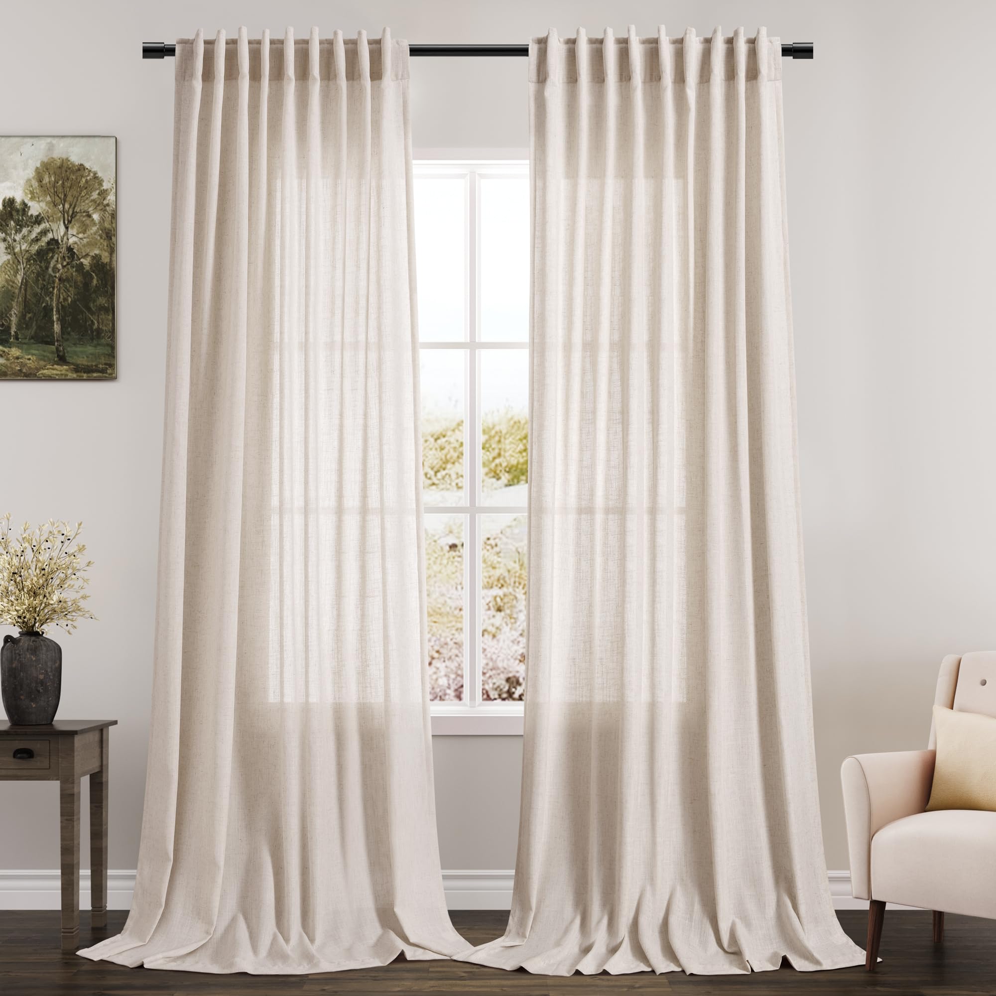 Nanspring Beige Linen Back Tab Curtains 96 Inches Long for Bedroom Light Filtering Privacy Sheer Curtains Modern Farmhouse Coastal Decor Linen Cotton Textured Gauze Curtain 2 Panel Set 70x96