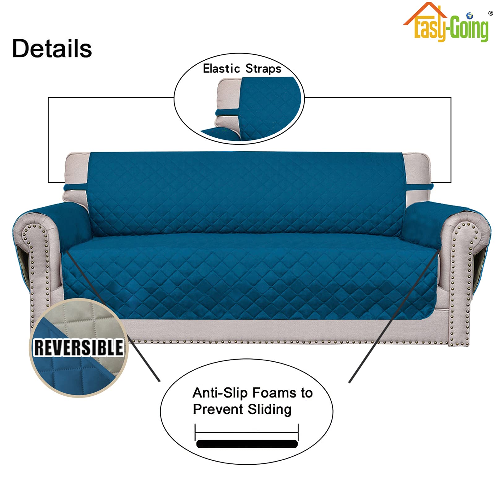 Easy-Going Reversible Couch Cover, Oversized Chair, Peacockblue/Beige
