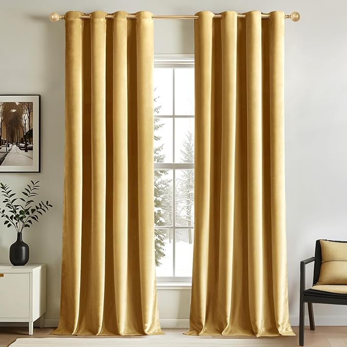 MIULEE Velvet Curtains Golden Elegant Grommet Thermal Insulated Soundproof Room Darkening Curtains/Drapes for Classical Living Room Bedroom Decor 52 x 90 Inch Set of 2
