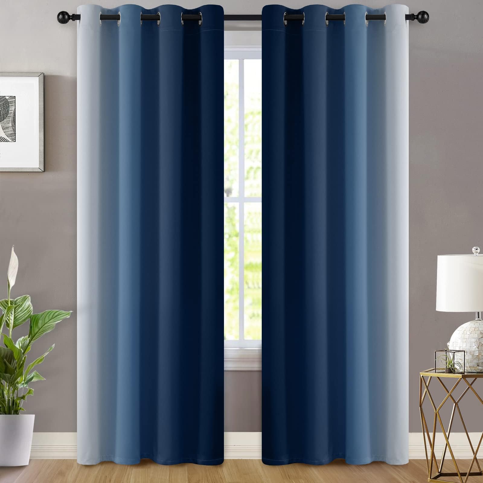 Yakamok Ombre Curtains Blue and Greyish White for Living Room,52Wx90L
