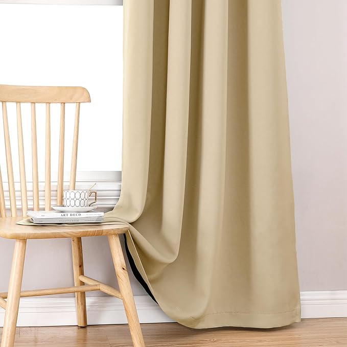 ChrisDowa 100% Blackout Curtains for Bedroom with Black Liner, 2 Thick Layers Total Blackout Thermal Insulated Grommet Long Window Curtains 2 Panels Set (Beige, 52 x 95 Inch)