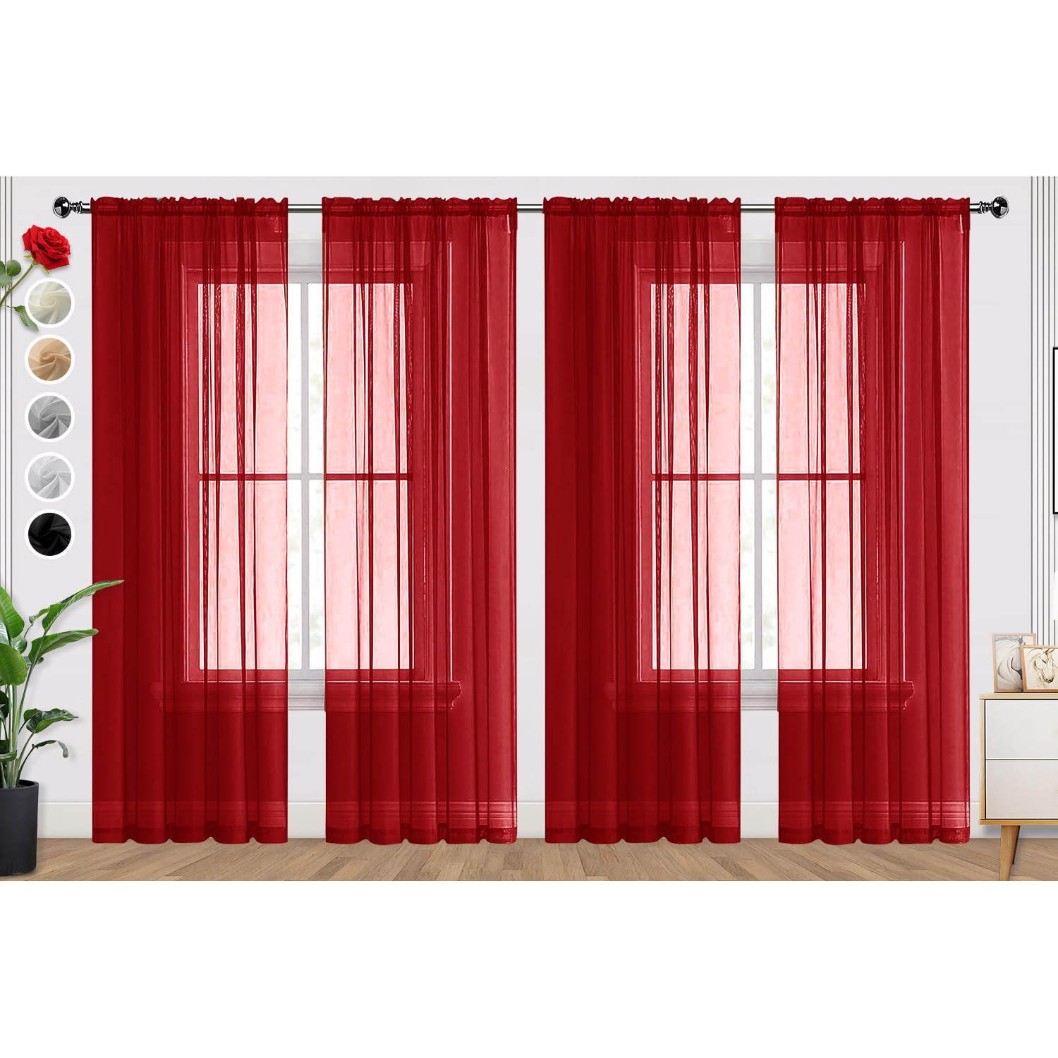 SpaceDresser Christmas Red Sheer Curtains 4 Panels Rod Pocket Semi-Sheer Curtain 90 Inches Long Light Filtering Voile Window Drapes for Bedroom Living Room Kitchen, Each 52W x 90L