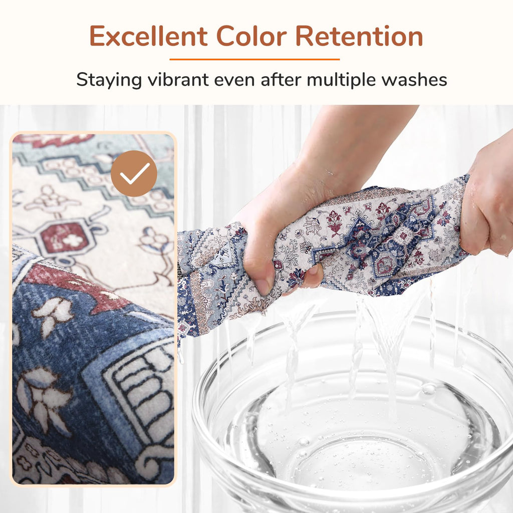 OPPODREAM Soft Area Rugs 2x10, Persian-Inspired Washable Rug, Blue & Red