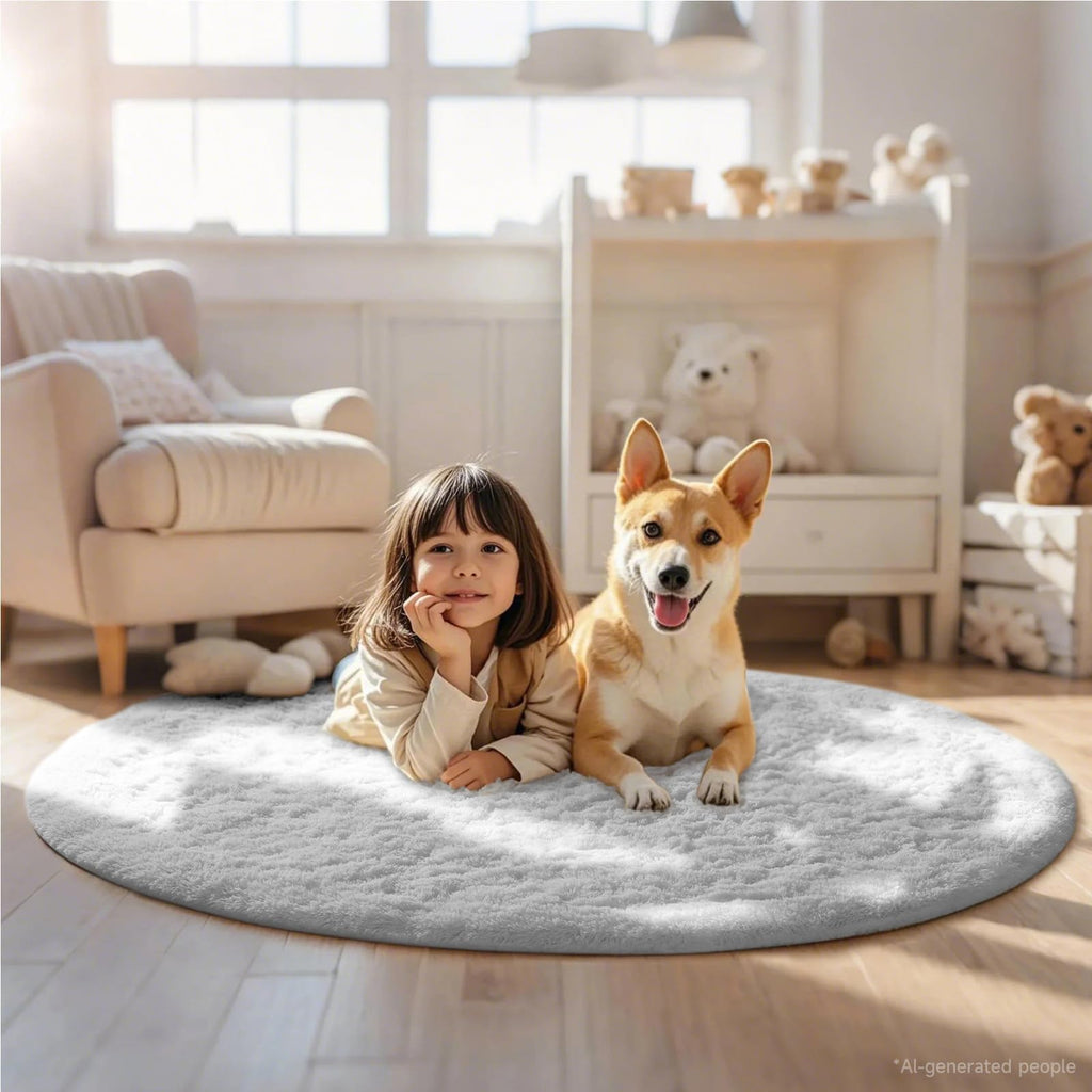 Ophanie Round Rug 5Ft White Circle Area Rug, Aesthetic Room Decor, Fluffy Fuzzy Bedroom Carpet, Plush Soft Shaggy Living Room Rugs for Kids Home Decor, Nursery with Over 99 pcs Pile fibers