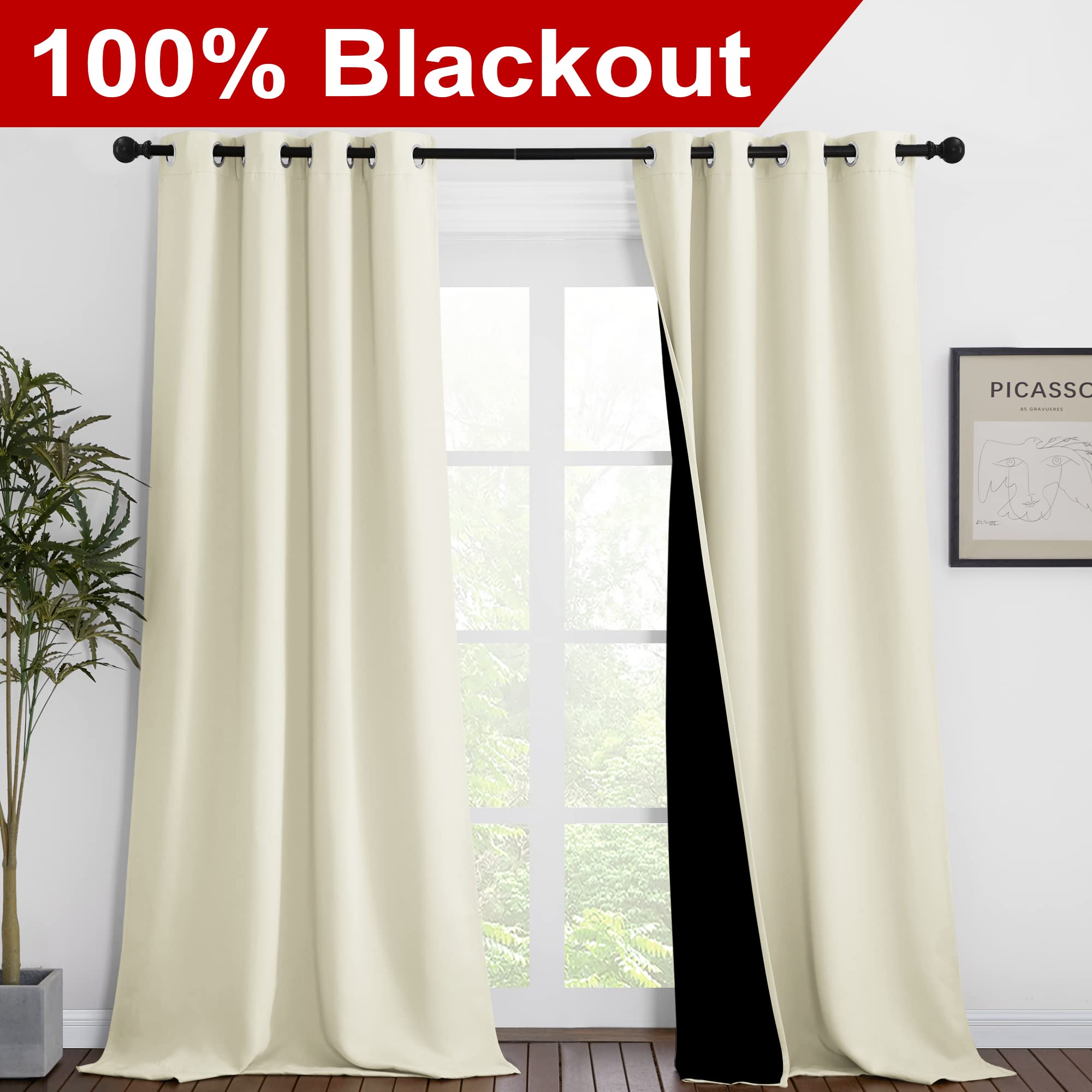 NICETOWN Thermal Insulated 100% Blackout Curtains, Noise Reducing Performance Drapes with Black Lining, Full Light Blocking Drapery Panels for Patio (Beige, 1 Pair, 46 inches x 90 inches)