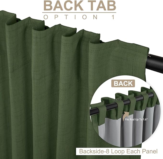100% Blackout Shield Linen Blackout Curtains for Bedroom 90 Inches Long, Back Tab/Rod Pocket Living Room Drapes, Thermal Insulated Blackout Curtains 2 Panels Set, 50" W x 90" L, Moss Green