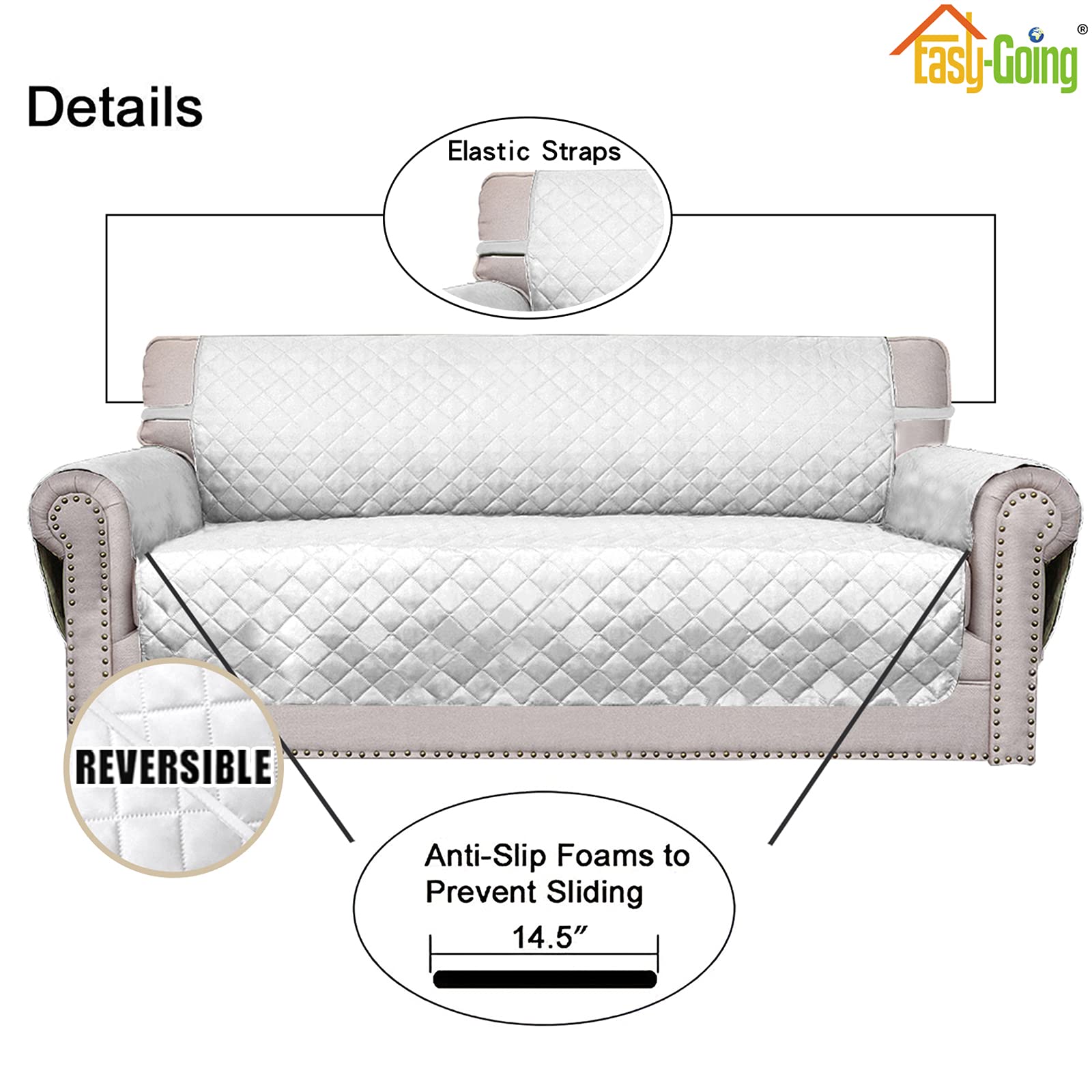 Easy-Going Reversible Couch Cover, 4 Seater Sofa, White/White