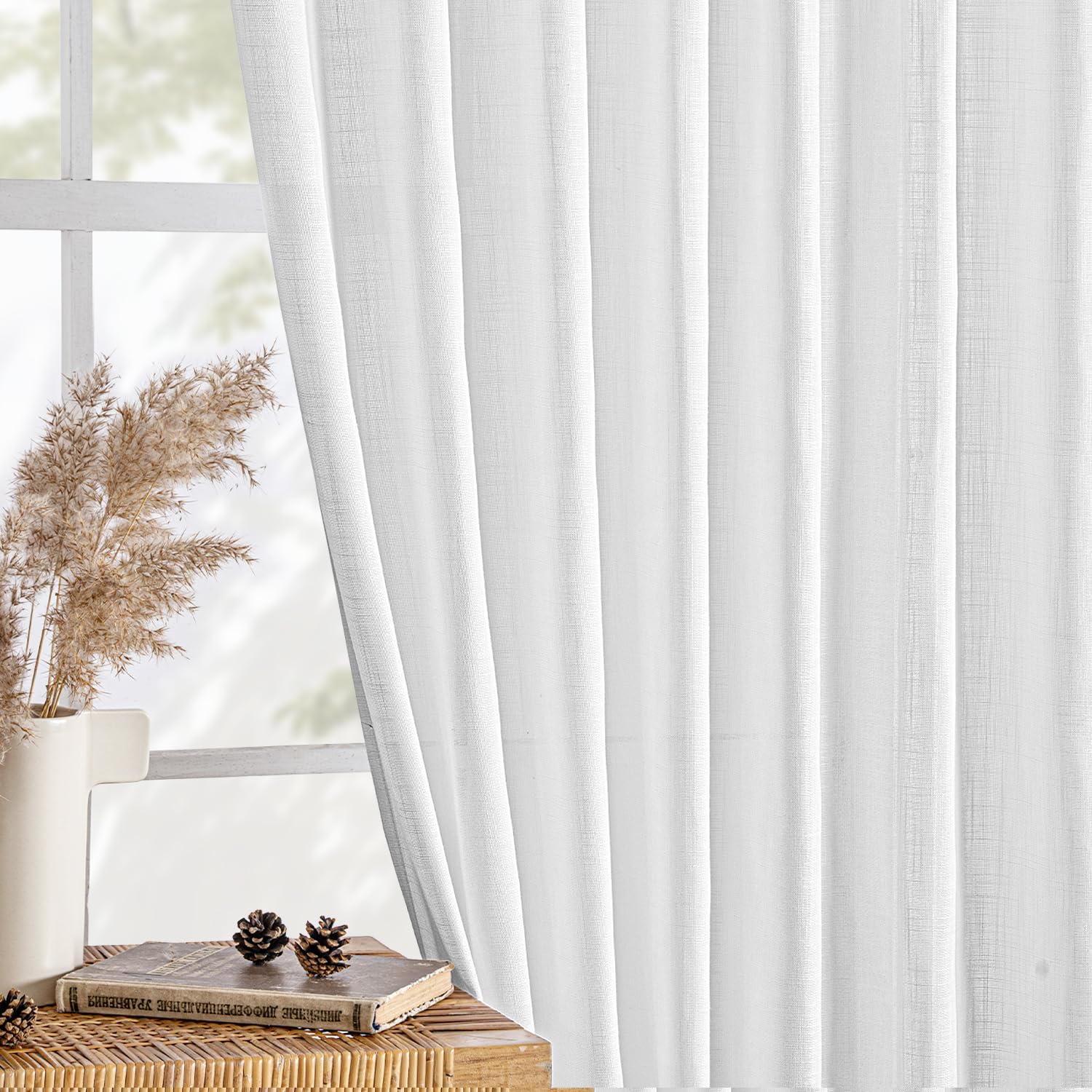 MIULEE White Linen Curtains 2 Panels Window Drapes 37x90 Inches