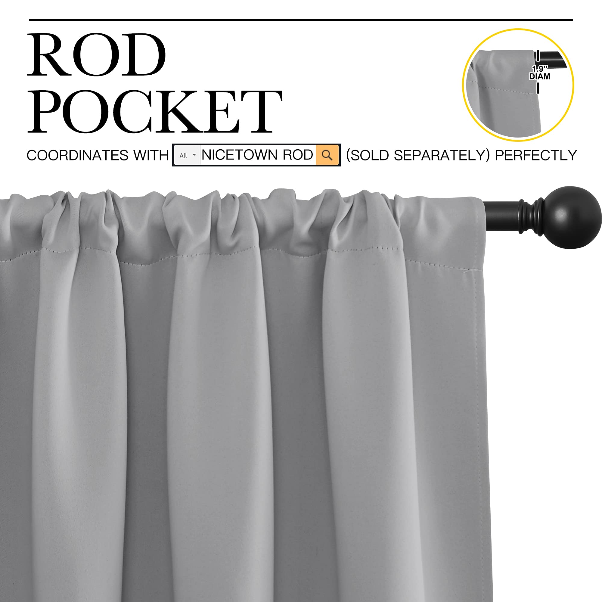 NICETOWN RV Blackout Curtains for Camper Windows, Short Room Darkening Curtains for Kitchen, Home Decoration Thermal Insulated Rod Pocket Drapes for Small Windows (Silver Grey, 2 Panels, W42 x L36)