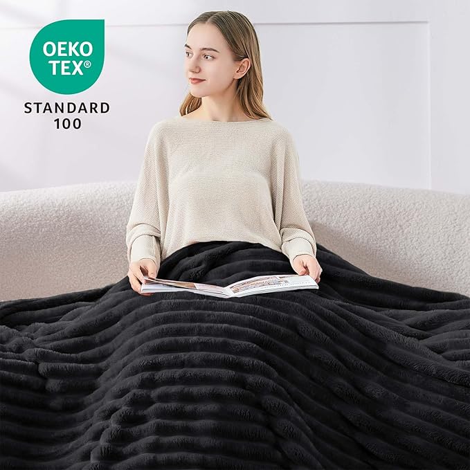 BEDELITE Ribbed Fleece Throw Blanket for Couch, Black, 50"x70"