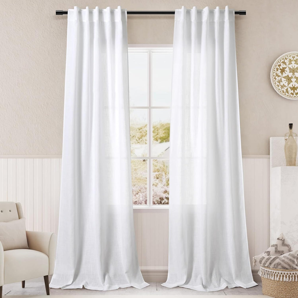 Nanspring White Linen Curtains for Living Room 84 inches Long 2 Panels Set Pure White Semi Sheer Curtains Back Tab Rod Pocket Modern Farmhouse Decor Elegant Curtains 34 X 84,2 Panels