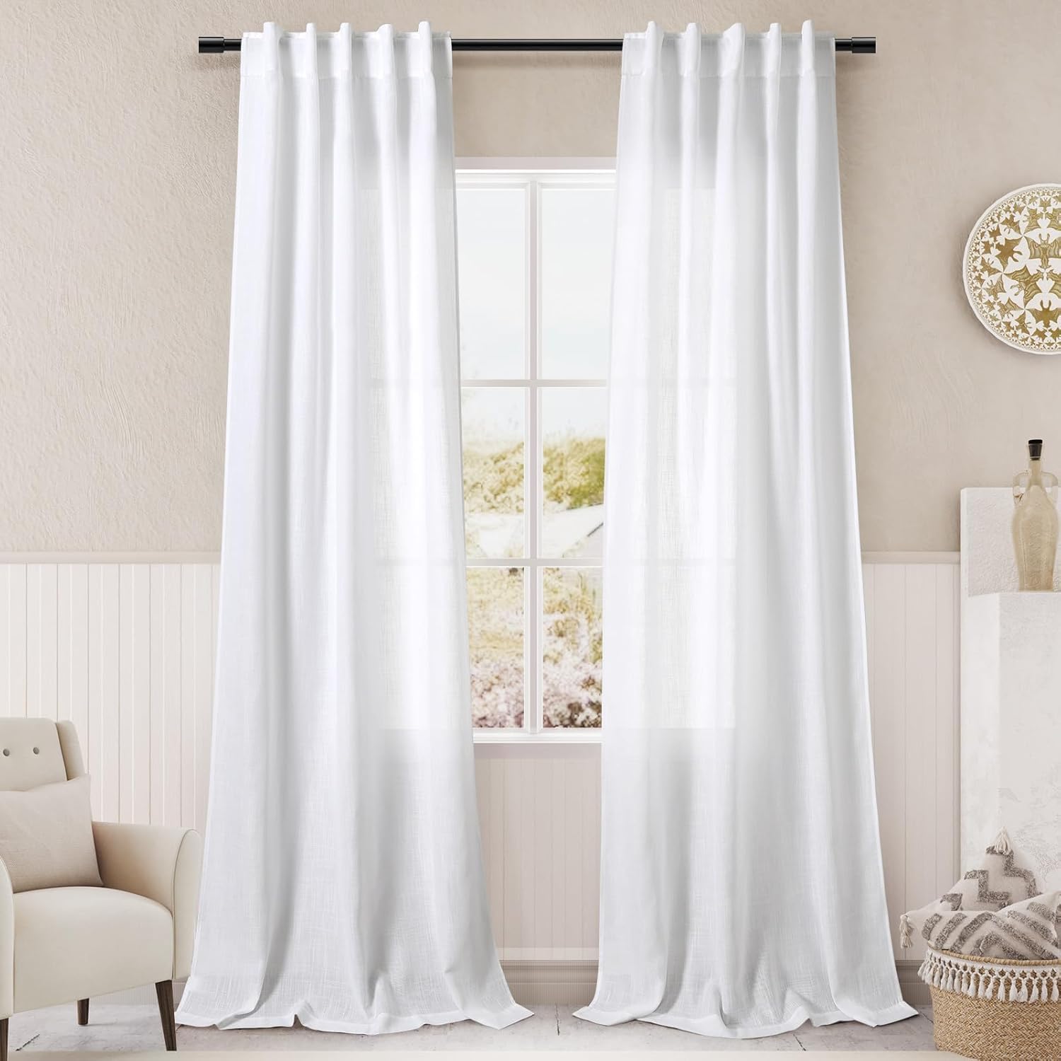 Nanspring White Linen Curtains for Living Room 84 inches Long 2 Panels Set Pure White Semi Sheer Curtains Back Tab Rod Pocket Modern Farmhouse Decor Elegant Curtains 34 X 84,2 Panels