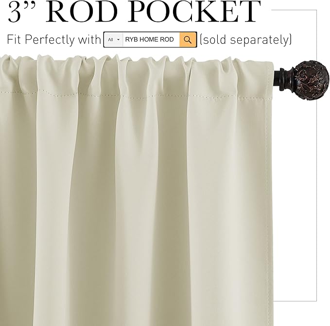 RYB HOME Cafe Curtains 30 inch Length, Short Light UV Heat Blocking Energy Saving Privacy Curtain Tiers for Basement Bathroom Kitchen Window, Width 29 by Length 30, Beige, 2 Panels