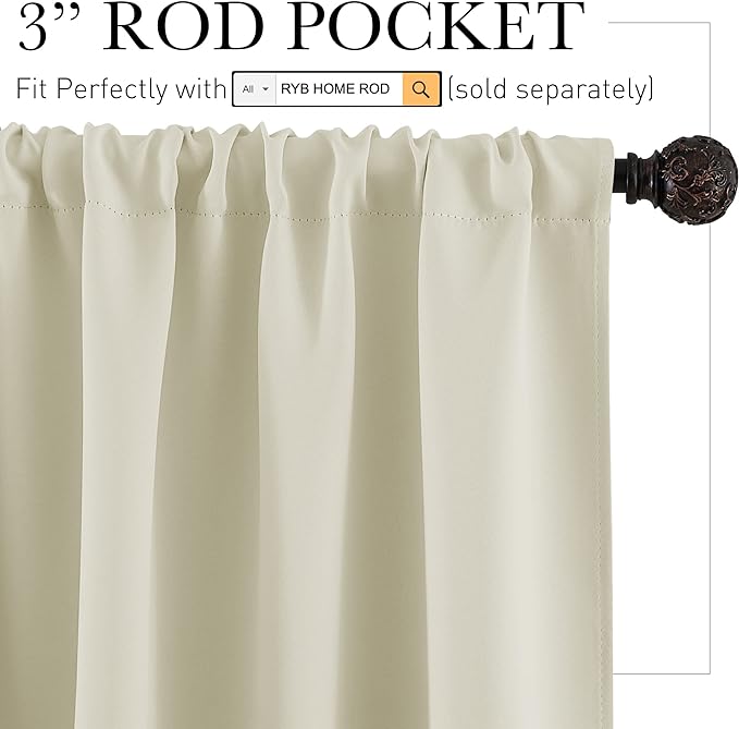 RYB HOME Privacy Bathroom Window Curtains, Short Thermal Insulated Heat Blocking Privacy Rod Pocket Half Window Curtain Tiers for Nursery Bedroom, Width 42 by Length 30, Beige, 2 Panels