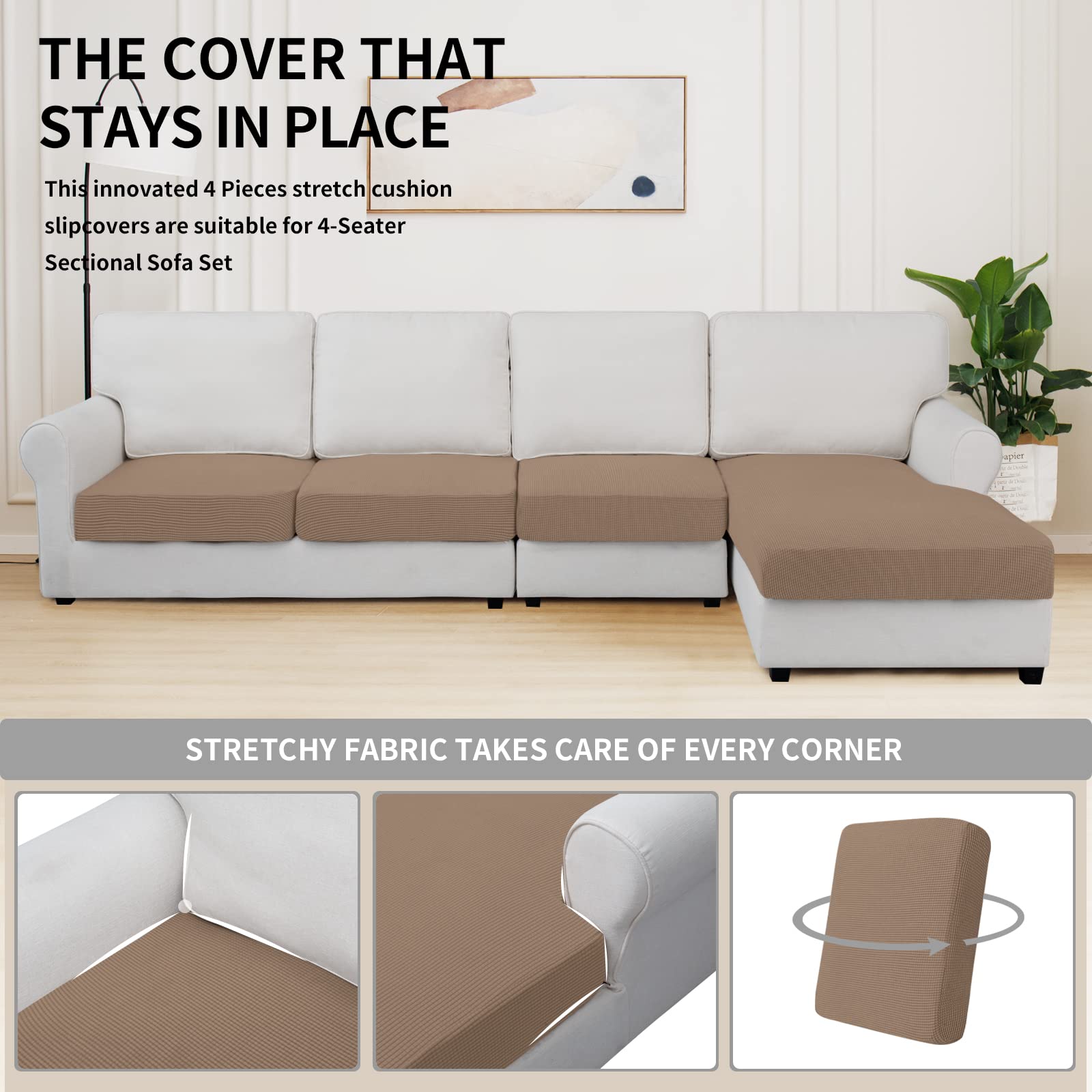Easy-Going Stretch 4 Pieces Couch Cushion Covers for Sectional Sofa L Shape