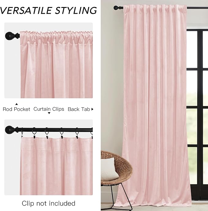 RYB HOME Pink Velvet Curtains 102 inches, Back Tab Soft Fabric Room Darkening Thermal Insulated Luxurious Home Decor Curtains for Living Room Bedroom, W 52" x L 102", 2 Panels Set