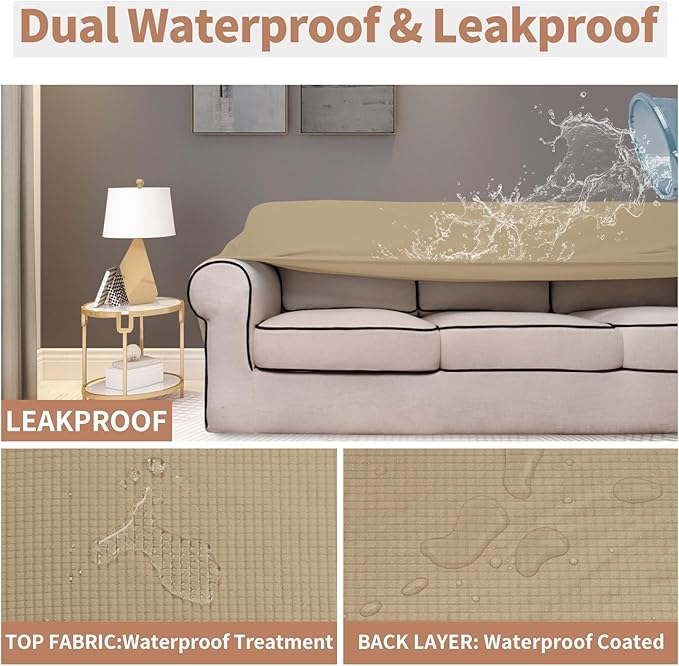 Easy-Going 100% Waterproof Loveseat Couch Cover, Dual Waterproof Sofa Cover, Stretch Jacquard Sofa Slipcover, Leakproof Furniture Protector for Kids, Pets, Dog and Cat (Loveseat, Sand)