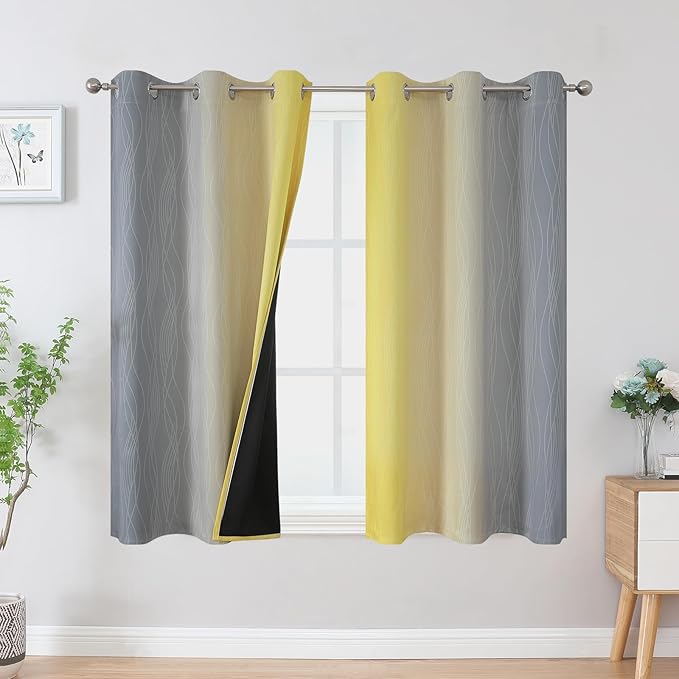 Yellow and Grey Ombre Blackout Curtains for Living Room 42Wx54L Inch Length