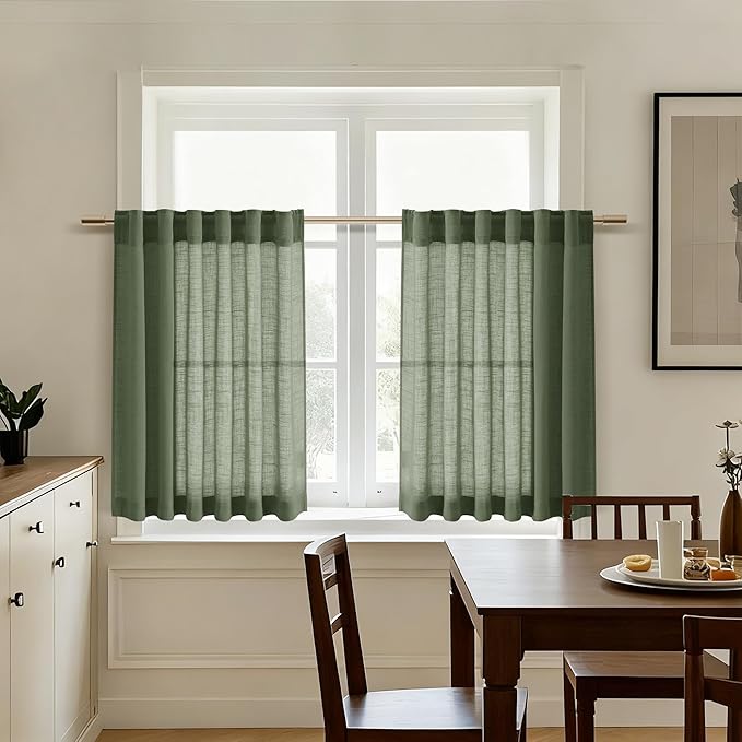 Nanspring Olive Green Cafe Linen Curtains 24 Inch Length 2 Panels Semi Sheer Mini Curtains for Small Window Kitchen Back Tab Rod Pocket Short Sheer Bathroom Curtain 36x24 Inches