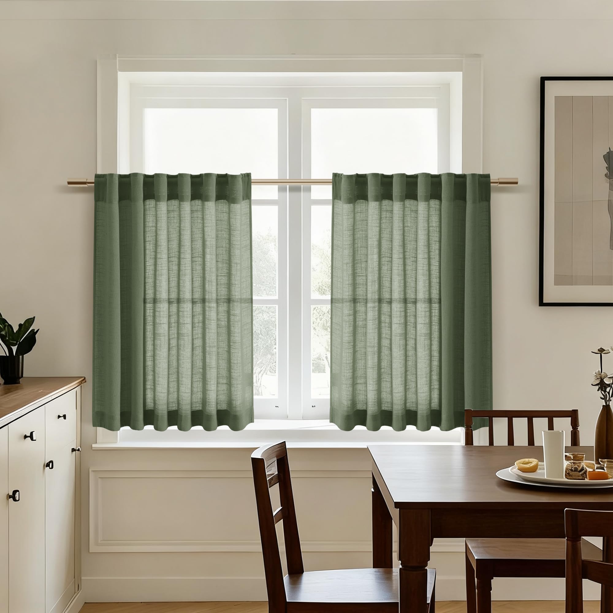 Nanspring Linen Kitchen Curtains 30 Inches Long 2 Panels Olive Green Semi Sheer Short Curtain Back Tab Rod Pocket Solid Privacy Cafe Tier Curtains for Cafe Bathroom Basement 36x30