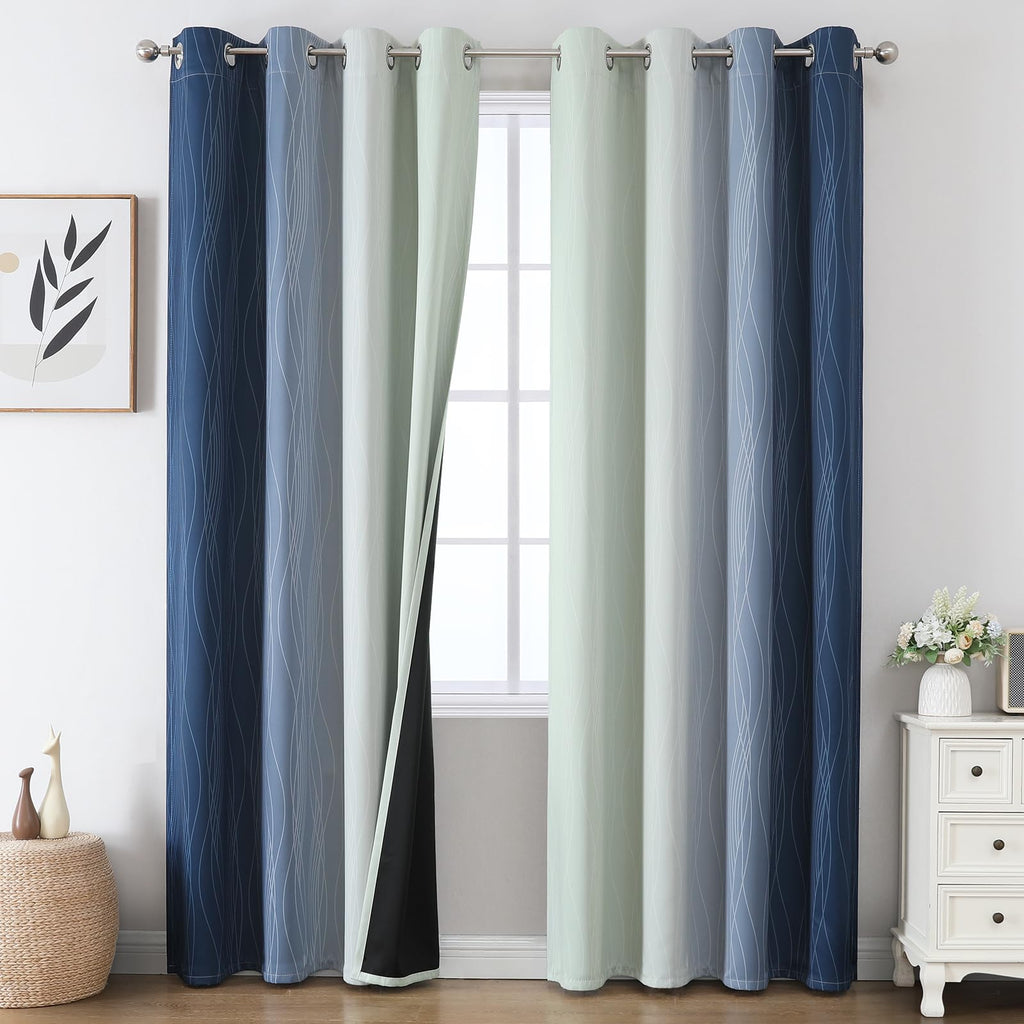Sage Green and Navy Blue Ombre Blackout Curtains for Living Room 102 Inch