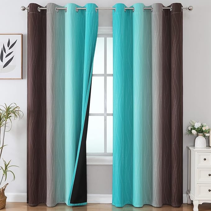 Estelar Textiler Brown and Teal Ombre Blackout Curtains for Bedroom 96 Inch