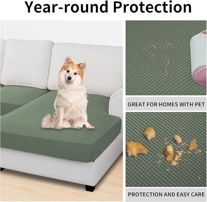 Easy-Going Stretch 4 Pieces Couch Cushion Covers for Sectional Sofa Left/Right L Shape Chaise Lounge Sofa Seat slipcover Anti-Slip Sofa Cover Soft (3 Seater + 1 Chaise, Greyish Green)
