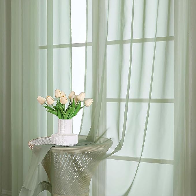 OWENIE Sage Green Sheer Curtain 90 Inches Long 2 Panels Set, Solid Filmy Drapes for Living Room Bedroom, Elegant Window Voile Sheer Curtain Panels Drapes, 2 Pcs, Each 59W x 90L Inch