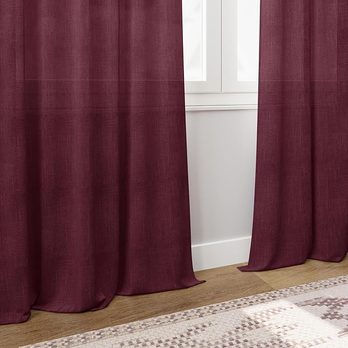Nanspring Burgundy Linen Curtains for Living Room 126 Inches Long Light Filtering Semi Sheer Curtain Back Tab Vintage Boho Decor Drapes Floor to Ceiling High Window for Bedroom 52x126, 2 Panels