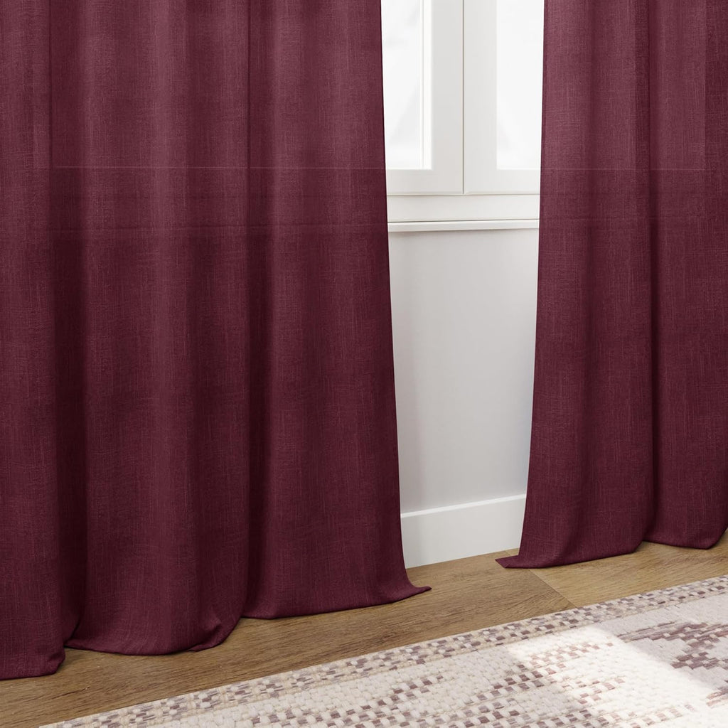 Nanspring Burgundy Linen Curtains for Living Room 100 Inches Long Light Filtering Semi Sheer Curtain Back Tab Vintage Boho Decor Elegant Luxury Drapes for Bedroom Dinner Room 52x100, 2 Panels