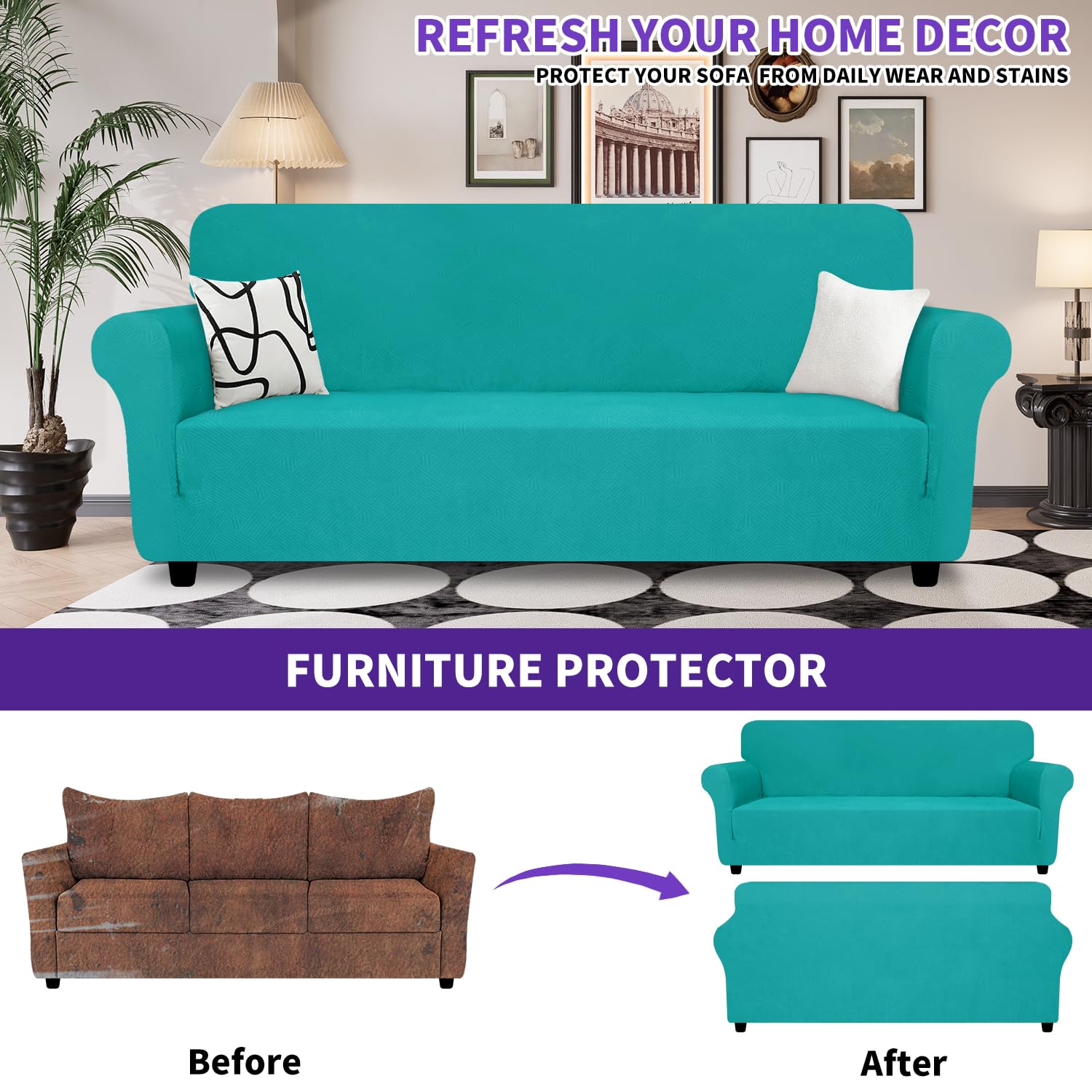 ZNSAYOTX Oversized Super Stretch Couch Cover (92"-115"), New Striped Sofa Covers Comfortable & Durable, Dog Cat Pets Friendly Extra Large Spandex Sofa Slipcovers (XL Sofa, Peacock Teal)