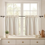 Boho Kitchen Cafe Curtains 25x24 Inch, Beige Linen Blend Embroidered Light Filtering Curtains for Small Kitchen Window, 2 Panels