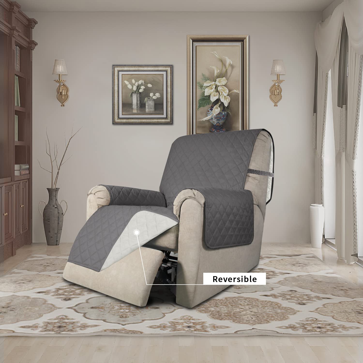 Easy-Going Recliner Chair Slipcover Reversible Sofa Cover Water Resistant Couch Cover Furniture Protector with Elastic Straps for Pets Dog (Recliner 22 inch, Gray/Ivory)