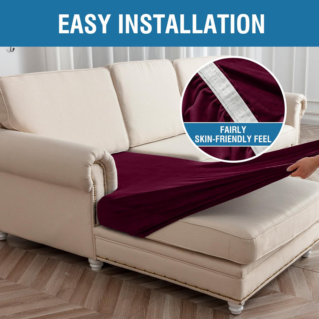 Taque Couch Cover 6-Piece Elastic Velvet Couch Cushion Covers & Chaise Slipcovers for L-Shaped Sofas, Sofa Seat Covers Washable, Soft Cover for Couches (5 Seater + Chaise, Wine)