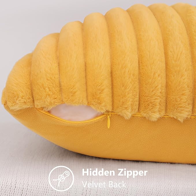 decorUhome Summer Cozy Faux Fur Throw Pillow Covers 12x20 Set of 2 Decorative Plush Striped Lumbar Modern Farmhouse Boho Couch Pillow Cases with Velvet Back for Sofa Bed Living Room, Mustard Yellow
