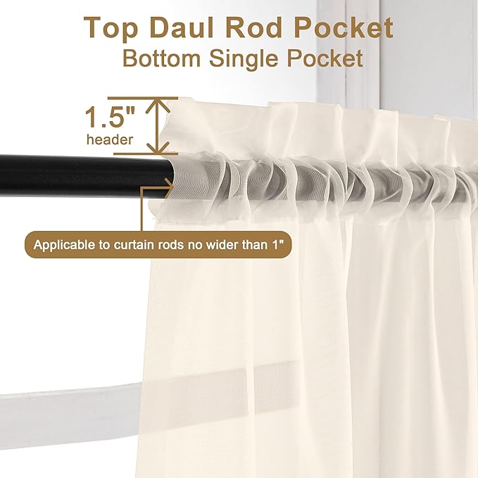 Chyhomenyc Cream Sheer Curtains 90 Inches Long - Light Filtering Solid Voile Window Panel Drapes for Bedroom, Elegant Soft Airy Living Room Sheer Curtains, Each 42Wx90L Inch, 2 Panels