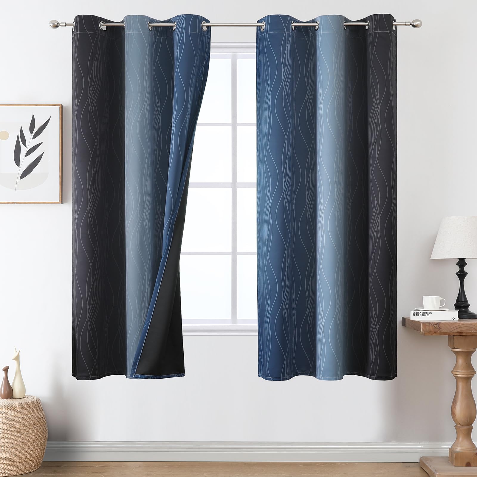 Navy Blue and Black Ombre Blackout Curtains for Bedroom 63 Inches Long