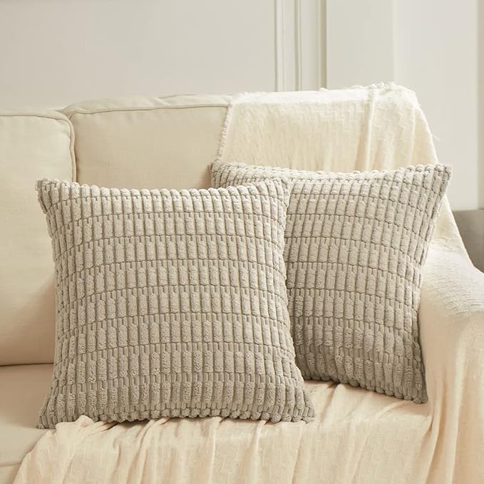 Fancy Homi 4 Packs Taupe Decorative Throw Pillow Covers 22x22 Inch for Living Room Couch Bed, Rustic Modern Farmhouse Boho Home Decor, Soft Plush Corduroy Cute Square Accent Cushion Case 55x55 cm
