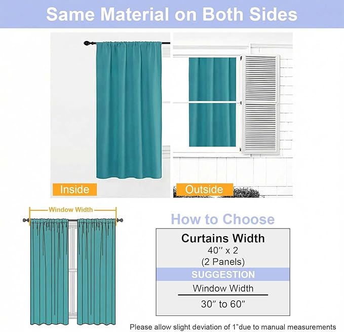 Simplebrand Ava Teal Short Blackout Curtains for Bedroom 45 Inches Long 2 Panels Set, Solid Thermal Insulated, Energy Saving Window Treatment Curtains Blackout Drapes, W40 x L45 Inch