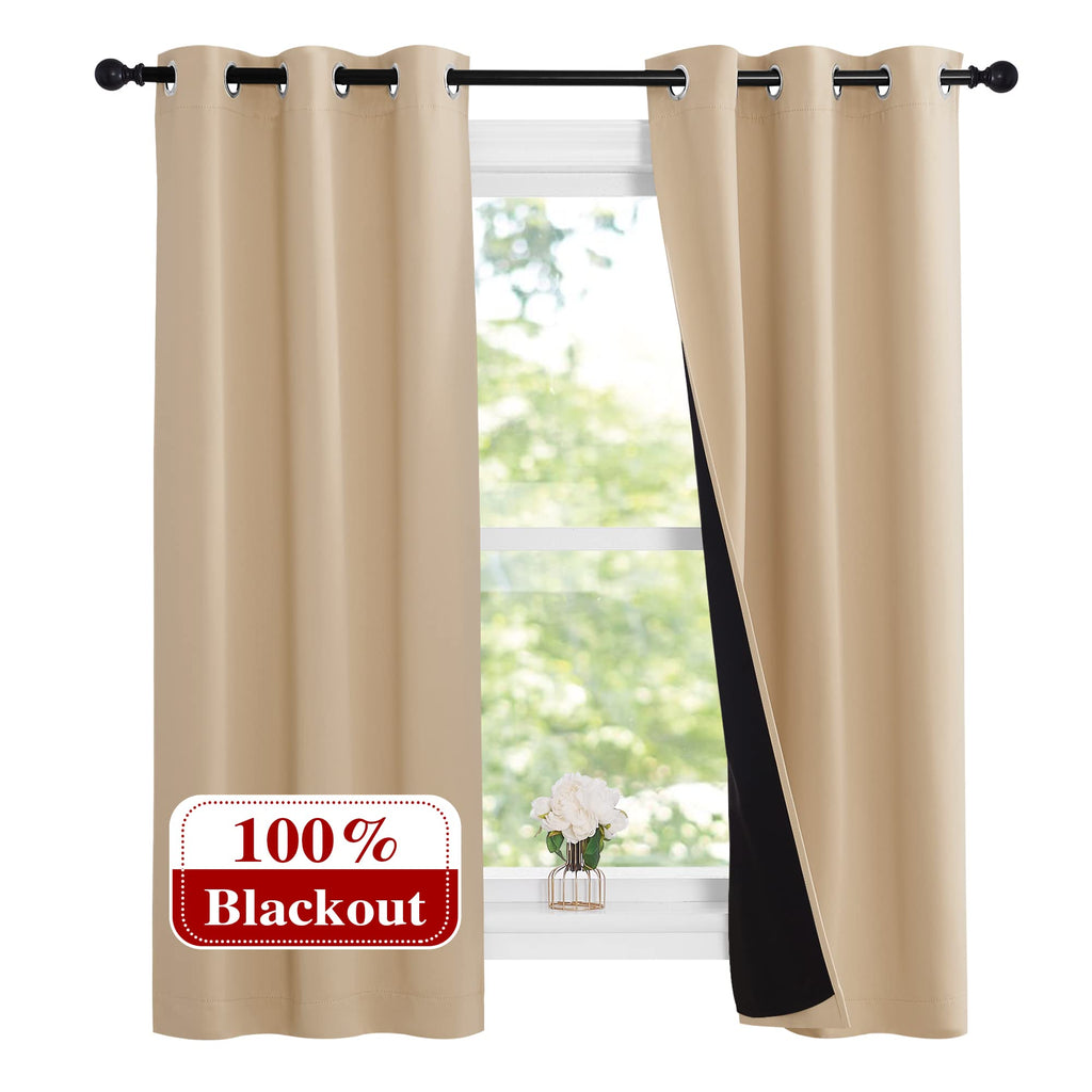 NICETOWN Bedroom Full Blackout Curtain Panels, Set of 2 Pcs, 37 by 60-inch, Biscotti Beige, Super Thick Insulated Grommet Drapes, Double-Layer Blackout Draperies with Black Liner for Small Window