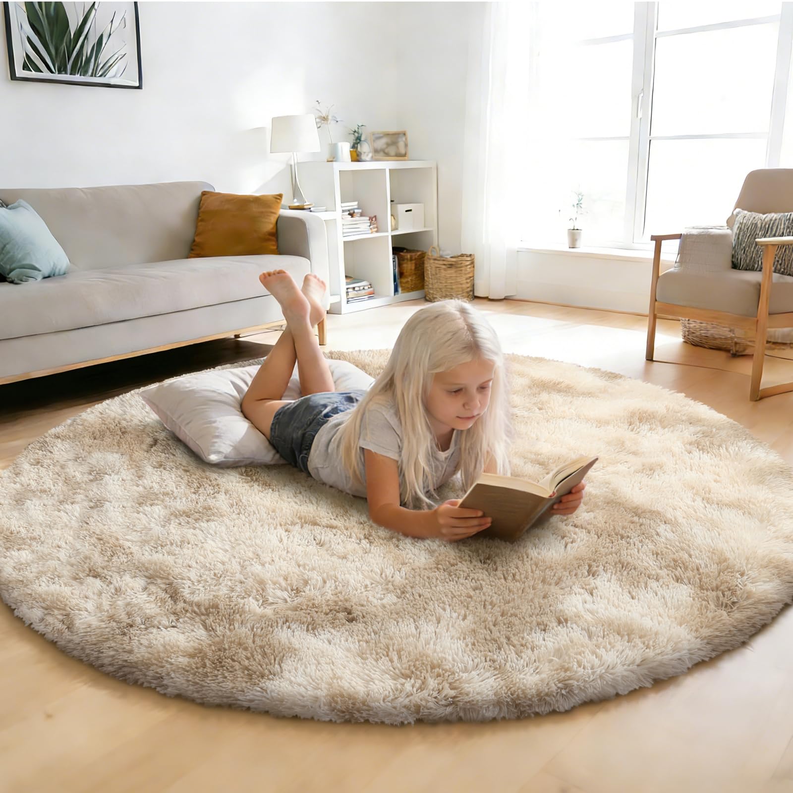 yulidayang Fluffy Round Rug,Small Area Rugs,Shaggy Rug 5'X5',Tie-Dyed Beige