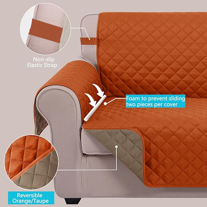 U-NICE HOME Loveseat Sofa Cover Reversible Couch Cover for Dogs with Elastic Straps Water Resistant Furniture Protector for Pets Couch Cover for 2 Cushion Couch (Loveseat, Orange/Taupe)