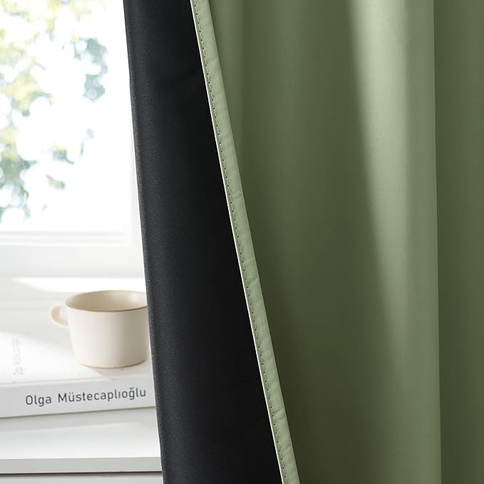 RYB HOME 100% Blackout Basement Curtains 24 inches Long, Heat & UV Blocking Total Room Darkening Noise Reducing Curtains for Bathroom RV Campers, Sage Green, 2 Panels Set