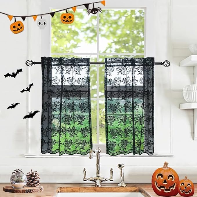 YJ YANJUN Vintage Lace Curtains 30 Inch Length 2 Panels Floral Halloween Goth Cafe Curtains for Bathroom Laundry Room Basement Kitchen Small Window Gothic Window Toppers 26 W x 30 L Black