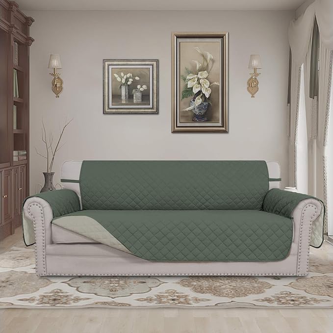 Easy-Going Reversible Couch Cover, 3 Cushion Sofa, Greyish Green/Beige