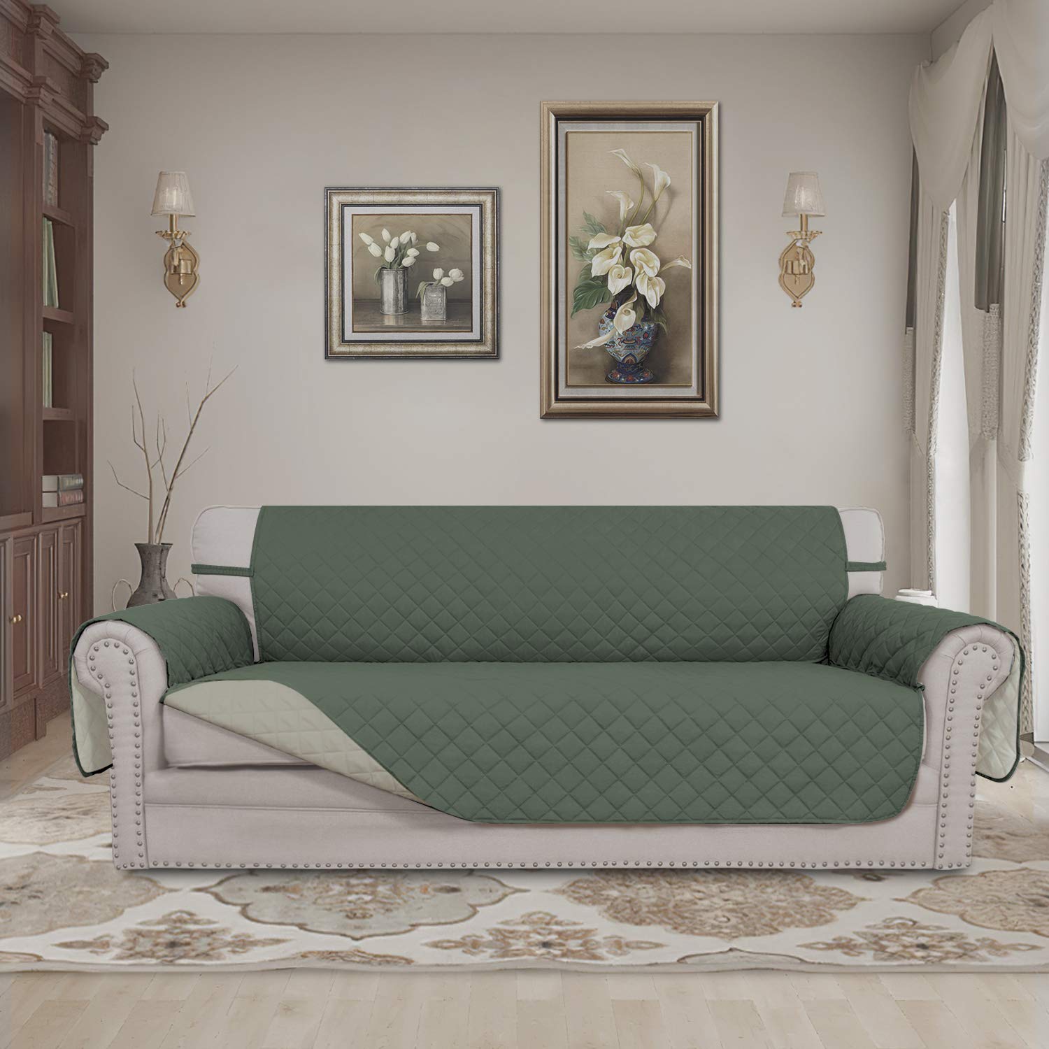 Easy-Going Reversible Couch Cover, 3 Cushion Sofa, Greyish Green/Beige