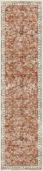 Yamaziot Washable Runner Rug 2x8 – Non Slip Boho Floral Hallway Runner Rug with Rubber Backing, Low Pile Wool Distressed Carpet for Kitchen, Laundry, Bedroom, Entrance, Brick-red
