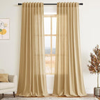 Gold Yellow Linen Curtains 102 Inches Long Rod Pocket Back Tab Drapes 2 Panels Set for Living Room Sheer Light Filtering Semi Sheer Gold Yellow Curtain 102 Length for Patio Sliding Glass Door 52x102
