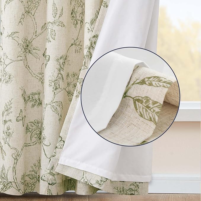 jinchan Green Floral Linen Curtains Lined 84 Inch Vintage Back Tab 2 Panels