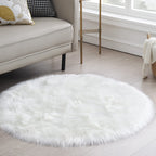 Ciicool White Fluffy Round Fur Area Rug for Bedroom, Circle Faux Fur Rugs